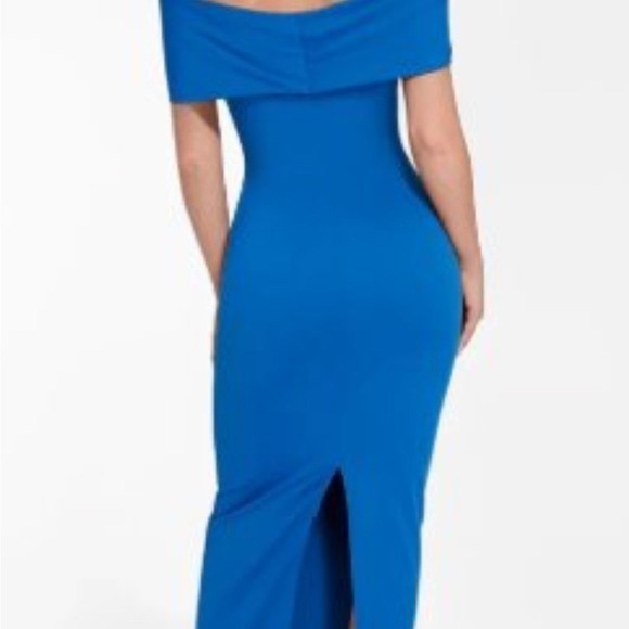 Popilush Royal Blue Off The Shoulder‎ Bodycon Midi Dress Built In Shapewear - Picture 3 of 6